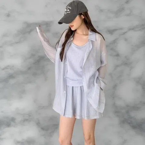 옷자락 여성 여름 시스루 오버핏 블라우스 나시 반바지 3종 세트