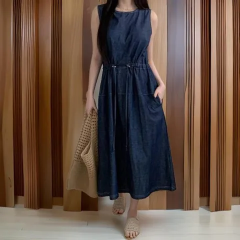 신상오픈런 |CMO5338|여성용 스트링 허리 디테일 데님 롱 슬리브리스 드레스