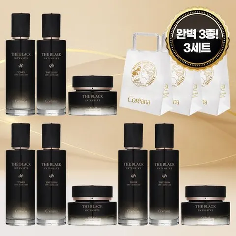 코리아나 [최신상] 더 블랙 인텐시브 기초 3종 완벽 3세트(스킨,로션,크림,쇼핑백)