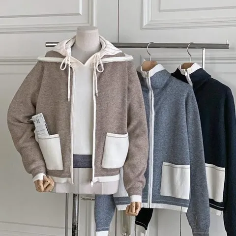 신상오픈런 |CDJ6729|여성 비스코스 컬러 블록 사이드 포켓 집업 카디건