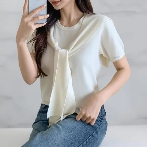 옷자락 여성 어깨 골지 레이어드 숄 가을 라운드 반팔 니트 세트_P405649140