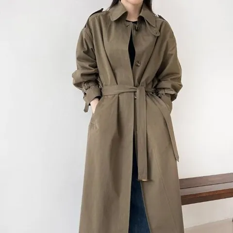 옷자락 여자 가을 간절기 벨티드 카라넥 뒷절개 트렌치 코트_P375227486