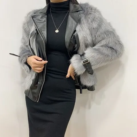 옷자락 여자 겨울 레더 가죽 재킷 페이크퍼 라이더 자켓_P091430669