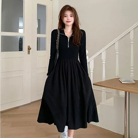 셀러허브 패션 [오노마] ONM 블랙 반집업 A라인 날씬핀 롱 긴팔 캐주얼 원피스 (12513623)