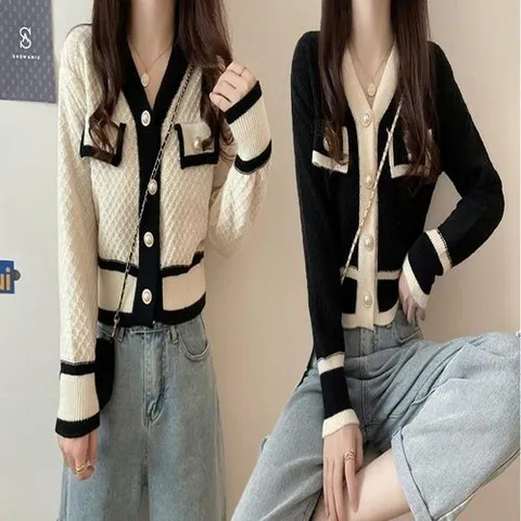 셀러허브 패션 [프로셀러] 배색 스웨터 진주 단추 가디건 V넥 니트 아우터 긴팔 (14219169)