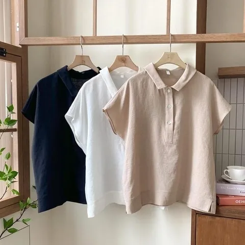 패션플러스 [다잇템] 여자 SS 반소매 카라 라글란 박시핏 블라우스 (10239694A)