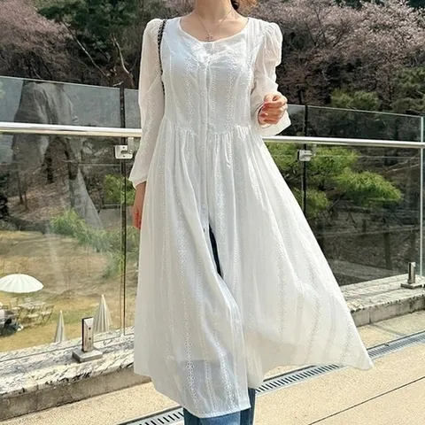 삐까삐까 로브 펀칭 자수 레이어드 롱 원피스 라운드넥 퍼프 긴팔 루즈핏 데이트룩 리조트룩_P421439852