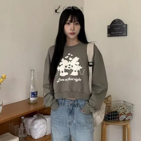 셀러허브 패션 프린팅 라운드넥 크롭 미키 맨투맨 (정품)가루나