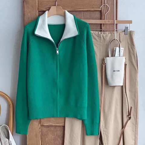 신상오픈런 |CDJ65D1|여성 비스코스 레글런 배색 카라넥 지퍼 니트 가디건