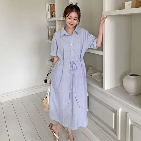 신상오픈런 |CHO56B5|여성용 스트라이프 허리띠 반팔 롱 셔츠 원피스