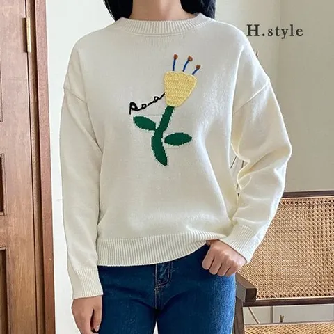H스타일 DK)튤립모티브니트R티