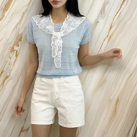 옷자락 여자 스카프 줄지 니트 레이어드 반팔 세트_P390919275