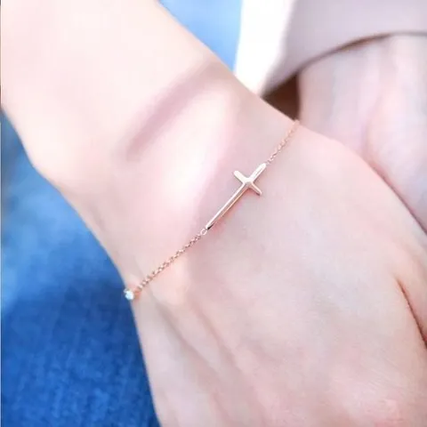 패션플러스 [이어넥핸즈] 써지컬스틸 14k 핑크골드 도금 가로슬림십자가 팔찌 (6927014A)