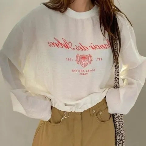 패션플러스 다잇템] 여성 박시핏 마원단 나염 문자 롱슬리브 밑단 조임 티셔츠22184020588872