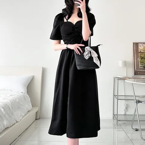 신상오픈런 |CCO4DB1|여자 하트넥 가슴 셔링 퍼프 반팔 롱원피스