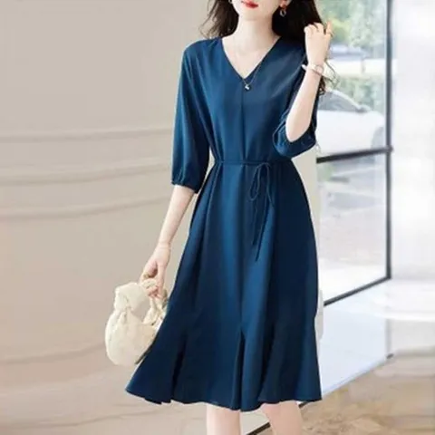 셀러허브 1 [XBJJ7079]쉬폰 브이넥 반팔 원피스 소매끝 밴딩 치마밑단