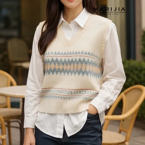 패션플러스 [마리지아] 아가이 다이아 니트 V넥 조끼MKAB9006