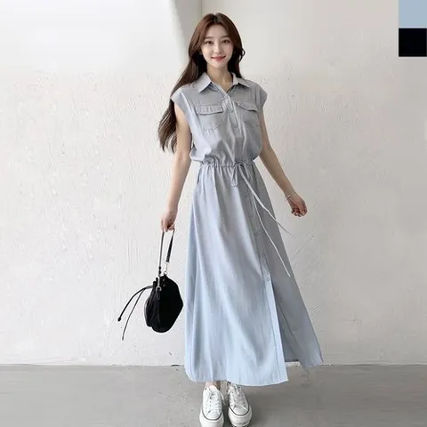 기타 블레오 여성 여름 스트랩 카라 포켓 예쁜 민소매 롱 원피스