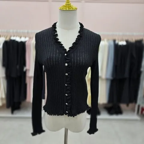 샤틴 브이넥 프릴배색 니트 슬림가디건S251K956AJK