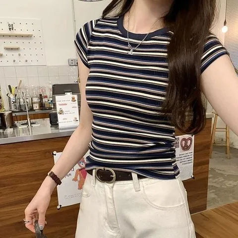 셀러허브 1 G126888_멀티배색 단가라 스트라이프 스판티셔츠