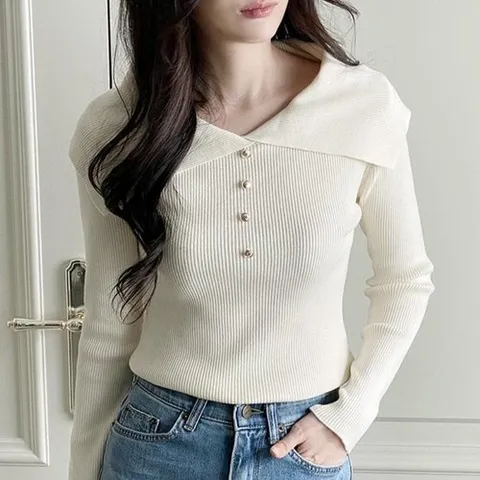 신상오픈런 |KDT8B15|빅카라 v넥 금장단추 골지 슬림핏 봄니트 하객룩