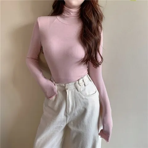 모노위크 당일배송] 사랑스러운 핑크 시스루 여성 터틀넥 목폴라 긴팔티