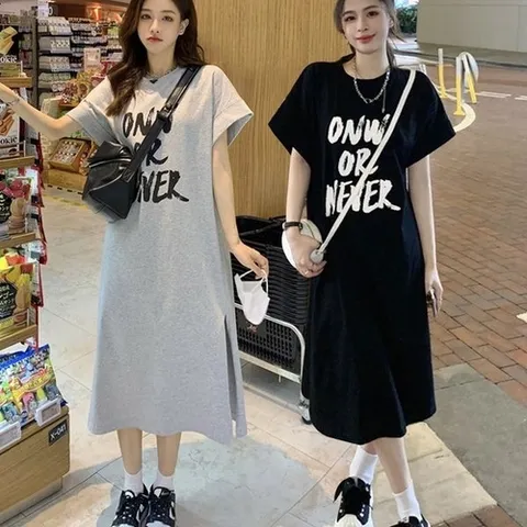 비틀버드 여성 레터링 롱 트임 반팔 원피스 URK150_P341612341