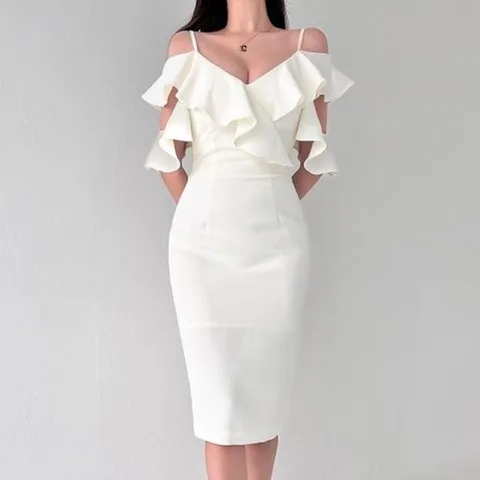 브이와이 VY] 여자 브라이덜샤워 웨딩 볼드숄더 이브닝 프릴 원피스16423600588847