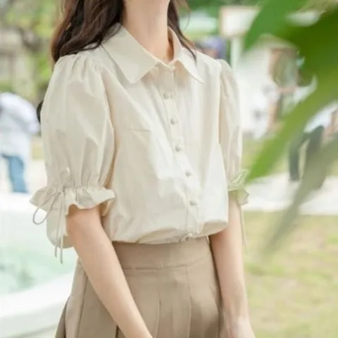 옷자락 여성 러블리 퍼프소매 반팔 카라블라우스_P403807788