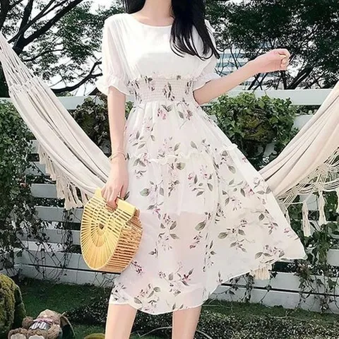 셀러허브 1 [XBJI594P]쉬폰 투피스st 원피스 허리 스모크밴딩 플레어