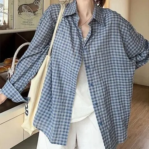 셀러허브 패션 루즈핏 잔체크 오버사이즈 시어서커 데일리 셔츠 (43611937)