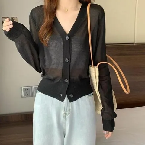 셀러허브 패션 [JHQR2225_4B]쿨샵 크롭긴팔티 여성 시스루 가디건 카디건
