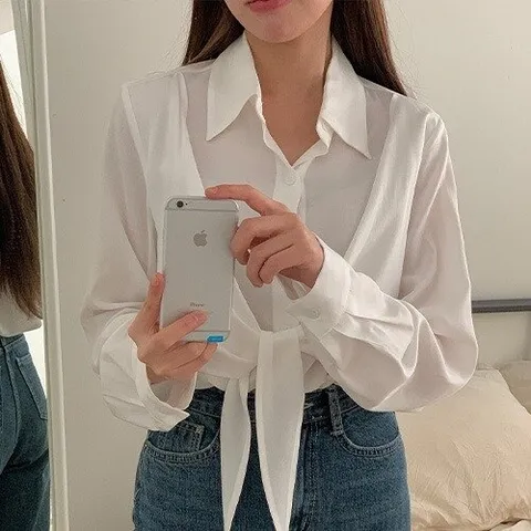 제이0 제이0]플린 타이 리본 긴팔 블라우스