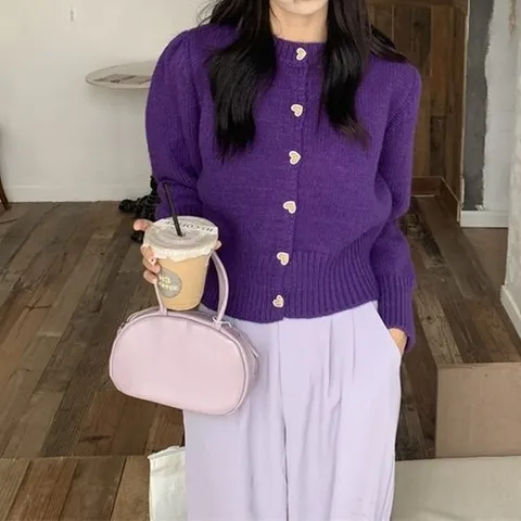 나인포시즌 포보 하트 단추 버튼 퍼플 보라색 니트 크롭 가디건_P330632978