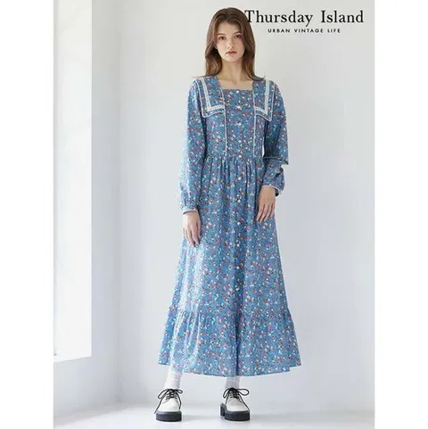 써스데이아일랜드 Thursday Island] 배색 레이스 카라 플라워 원피스(T246MOP151W)