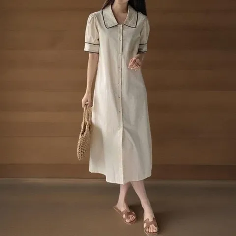 신상오픈런 CHO55E0여성용 사랑스러운 스티치 카라넥 반팔 롱 원피스21887483597559