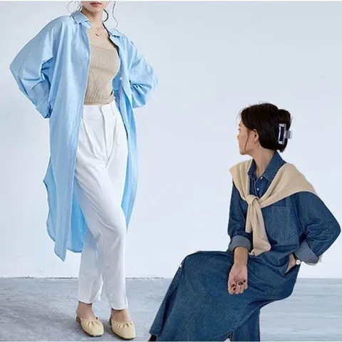 기타 여성 데님 원피스 스타일 롱셔츠 청 남방 광택감 원단 (HSJ-WDB6810)