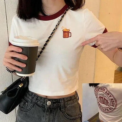 셀러허브 1 [XBG6HILL]앞뒤 프린팅 소매 넥 배색 슬림핏 크롭 반팔