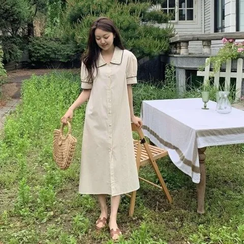 신상오픈런 CHO55E0여성 사랑스러운 스티치 디테일 카라넥 반팔 롱 드레스21887468597559