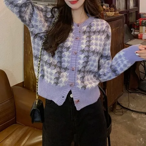 기타 가디건 퍼플 패턴 다다도매 보라색 도톰한 겨울 (KYR-WFHD3D4)