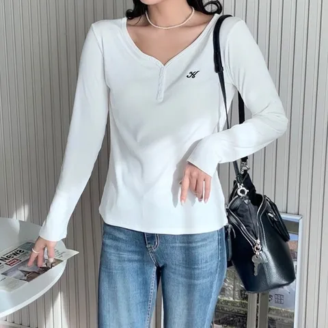 기타 피치스킨 버튼 데일리 티셔츠 와이넥 (KYR-WFGSL1O)