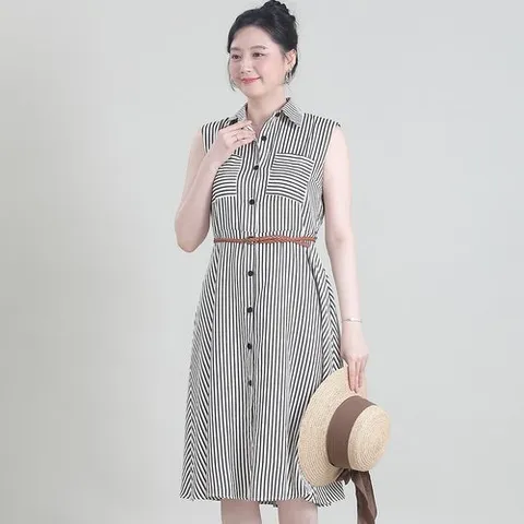 패션플러스 [애비뉴투지] 시어서커 세로 줄무늬 여름 나시 원피스 벨트 K07630