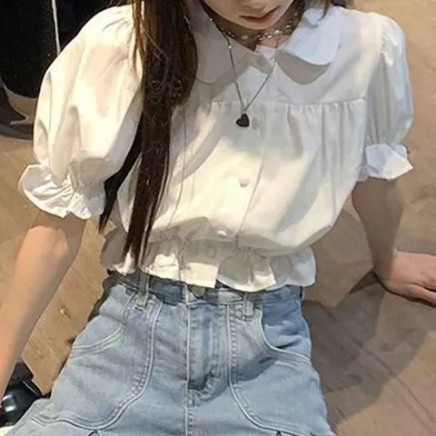 셀러허브 패션 [오노마] ONM 둥근카라 크롭 화이트 블라우스 셔링포인트 소매밴딩 (37330520)