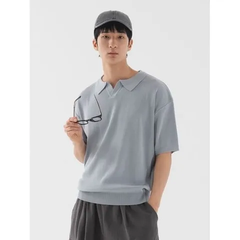 피아네르 클래식 오픈 카라 반팔 니트 블루 그레이_P393481591