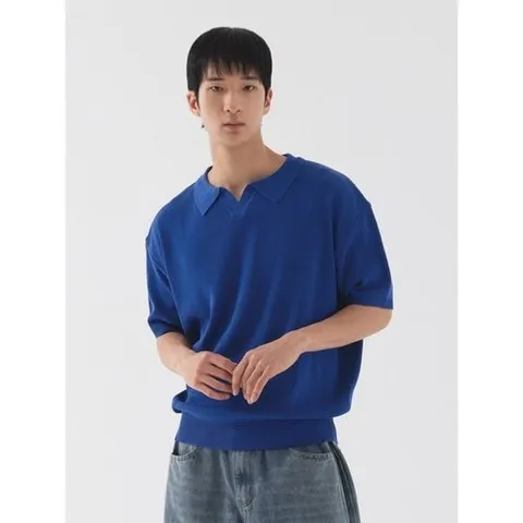 피아네르 클래식 오픈 카라 반팔 니트 코발트 블루_P393482009