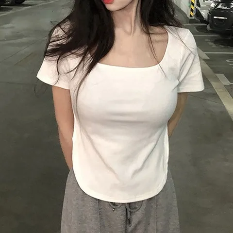 기타 스퀘어 넥라인 밑단 트임 심플 무지 반팔 (KYR-WFFT74K)