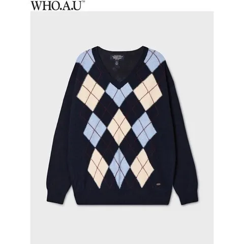 후아유 W.A.U V-neck Argyle Pullover(NAVY)-WHKAG4823FIC