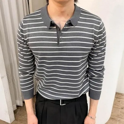 셀러허브 1 남자 큰사이즈 FW 줄무늬 카라긴팔티 티셔츠