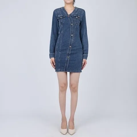 게스 여성 V넥 긴팔 데님 원피스 미디엄블루 YO3D6762_P404905215