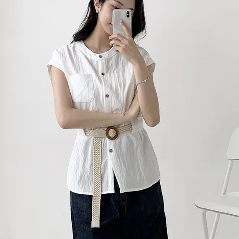 신상오픈런 |CSH3EC6|여성 여름 사무복 파스텔 색상 면 캡소매 벨트 블라우스